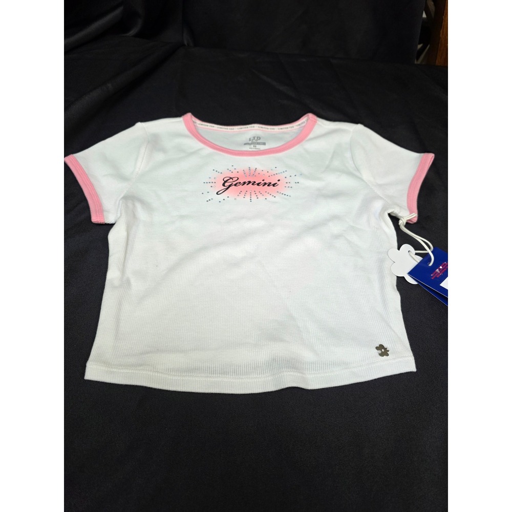 Limited Too LTD 2.0 Gemini Ringer Tee White Pink Rhinestone Y2K Baby Top XS NEW